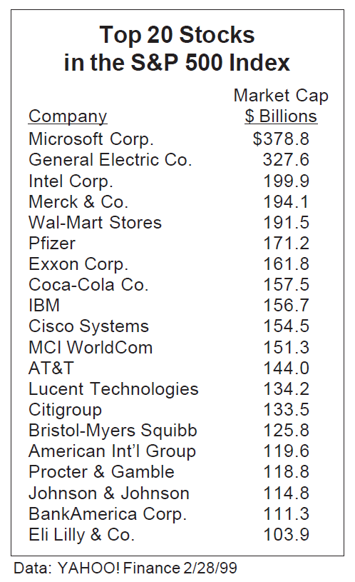 Top 20 stocks in the S&P 500 Index as of 1999