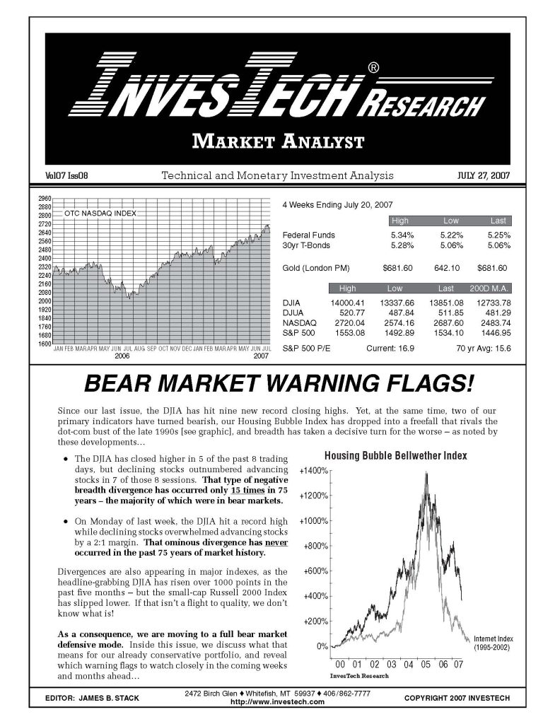 V07I08 thumbnail InvesTech Newsletter from July 27, 2007 titled Bear Market Warning Flags