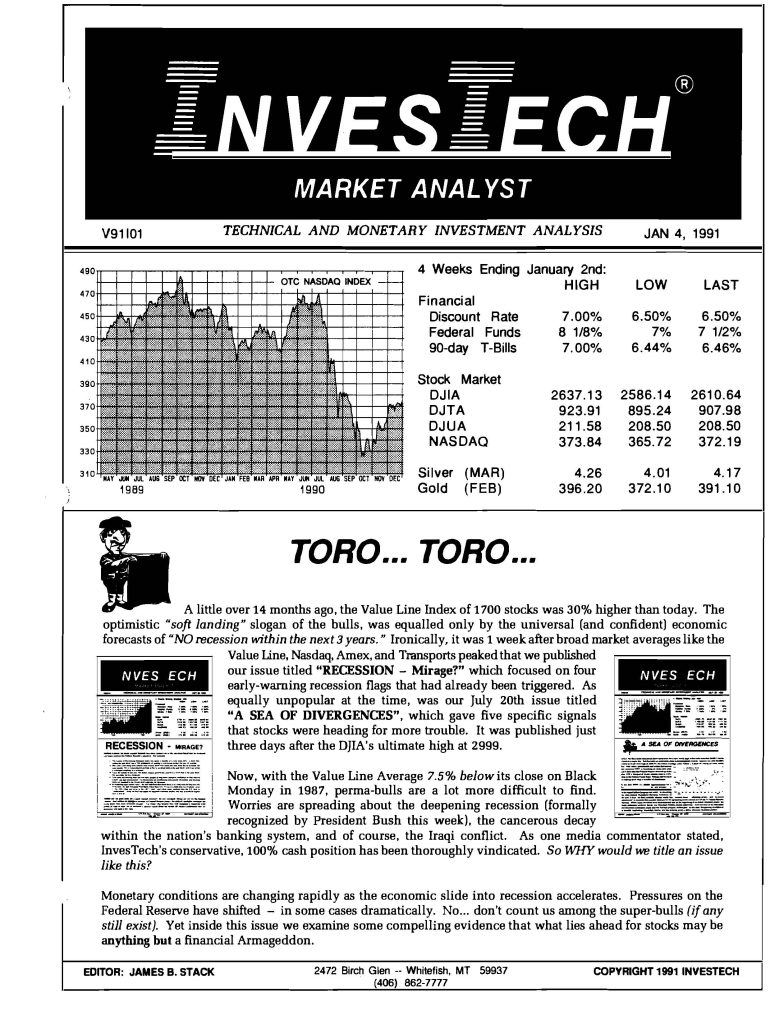InvesTech Newsletter from January 4, 1991 titled Toro... Toro...